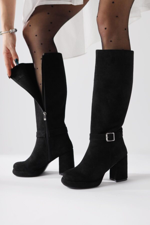 Timna Black Suede Round Toe Buckle Detailed Boots