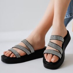 Vinita Black Three-Striped Stoned Slippers